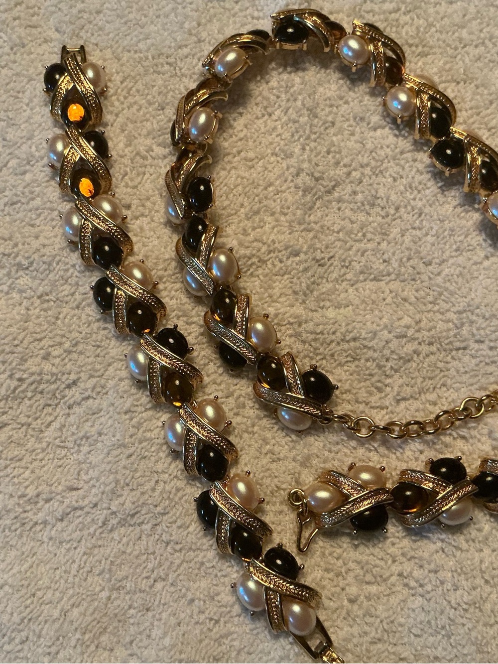 Monet Gold-Tone Necklace and Bracelet Set with Ivory Pearls and Black Stones